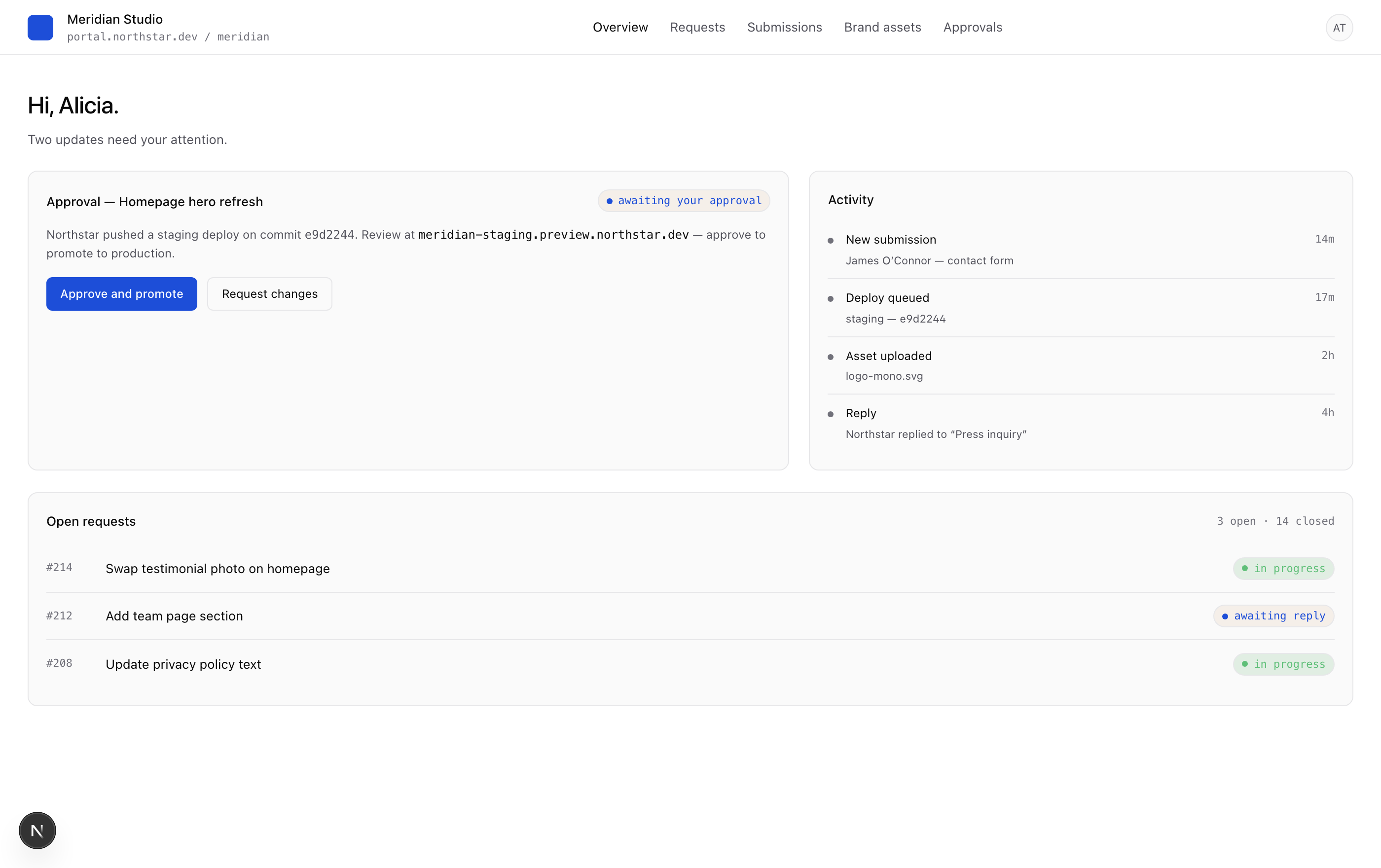 The Caddi customer portal home for Meridian Studio, with a pending approval, recent activity, and open requests.